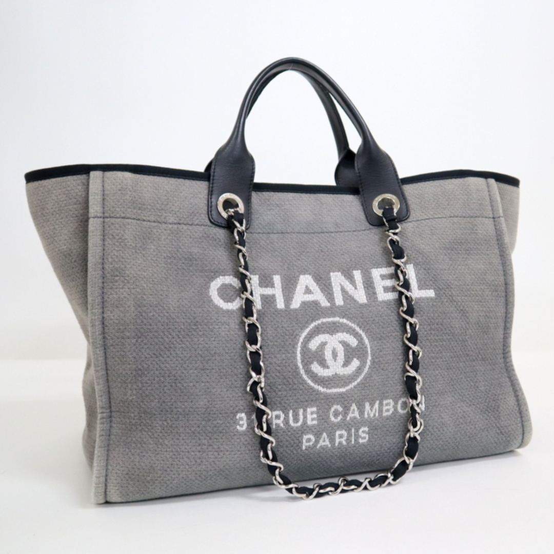 【CHANEL】シャネル ドーヴィルGM チェーンショルダーバッグ キャンバス×レザー グレー×ブラック×シルバー金具 /br2626tg