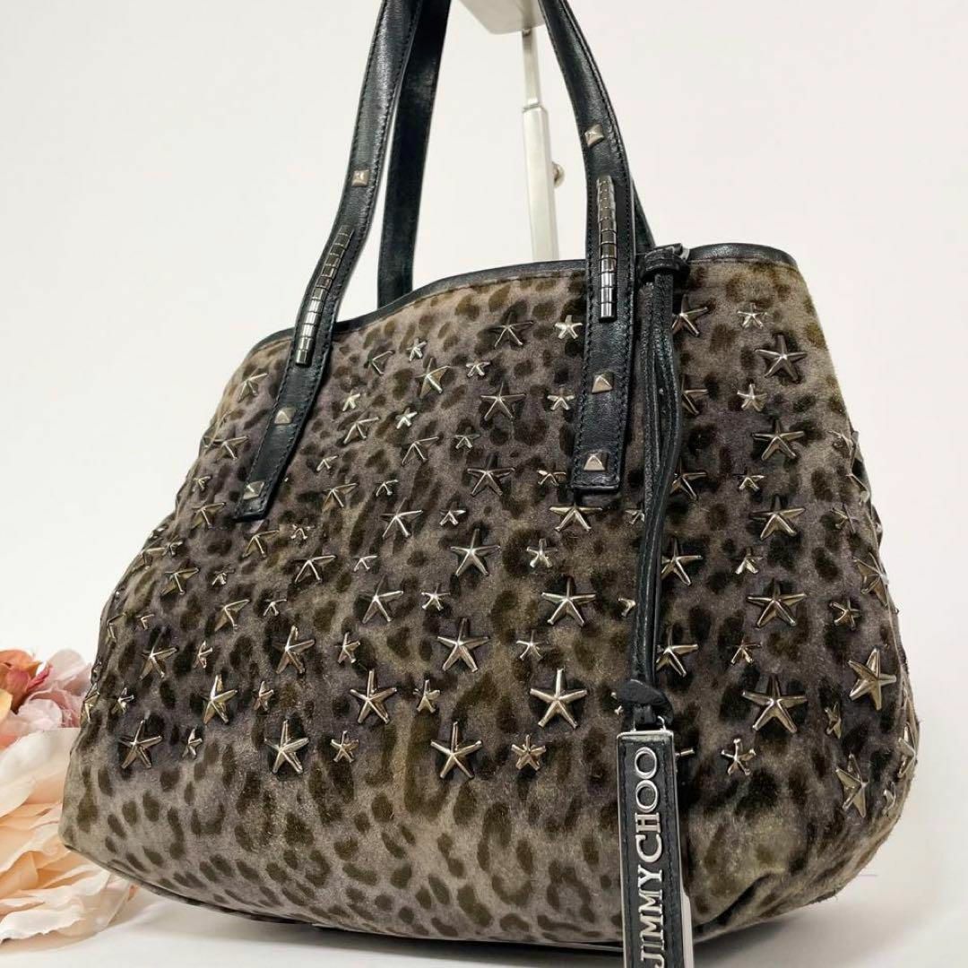 JIMMY CHOO - 《美品》JIMMY CHOO レオパード スタッズ サシャS トート
