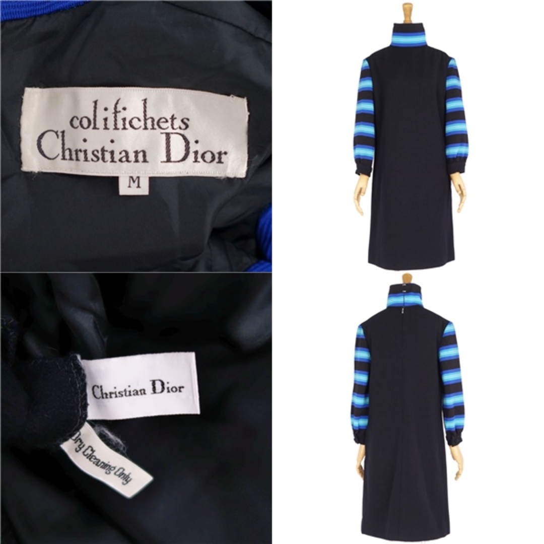 Christian Dior(クリスチャンディオール)の美品 Vintage クリスチャンディオール Christian Dior ワンピース ドレス ロングスリーブ ハイネック トップス レディース M ブラック/ブルー レディースのワンピース(ひざ丈ワンピース)の商品写真