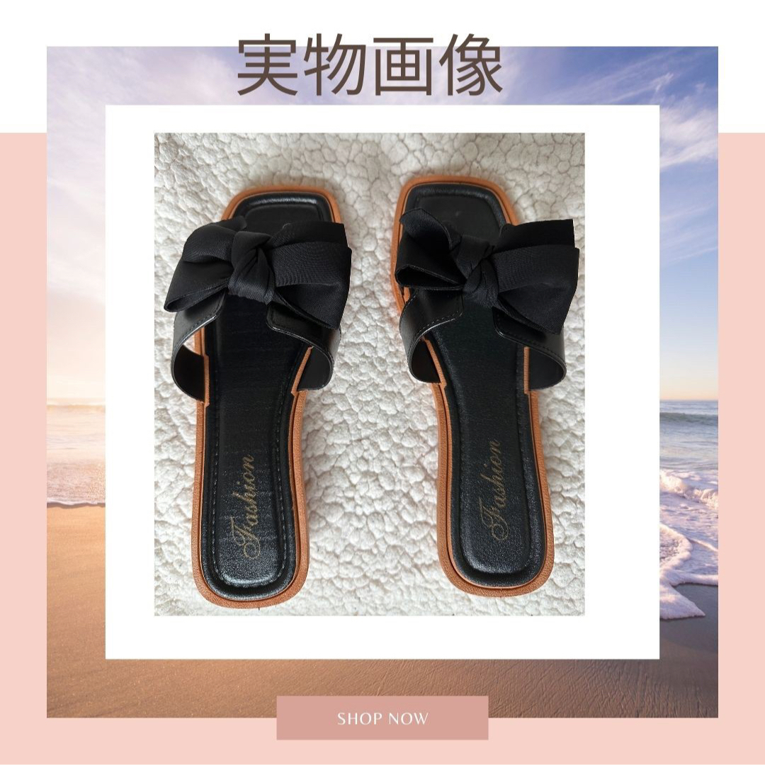 リボン 可愛い レディース ビーチサンダル  ペタンコ ブラック Ｌ レディースの靴/シューズ(サンダル)の商品写真