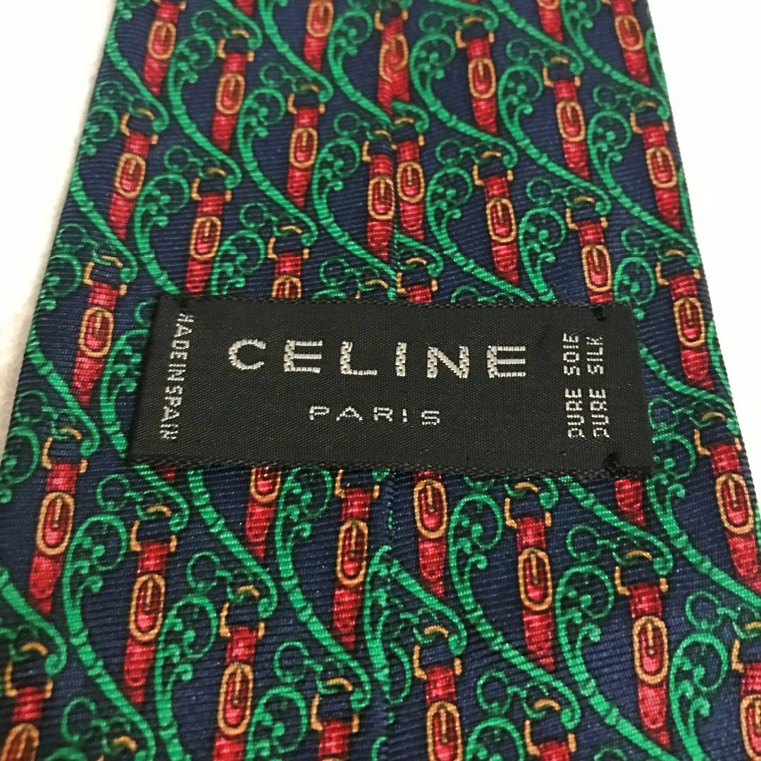 celine(セリーヌ)の美品✨高級ネクタイ✨ セリーヌ バックル＆植物柄 総柄 シルク100 紺×緑×赤 メンズのファッション小物(ネクタイ)の商品写真