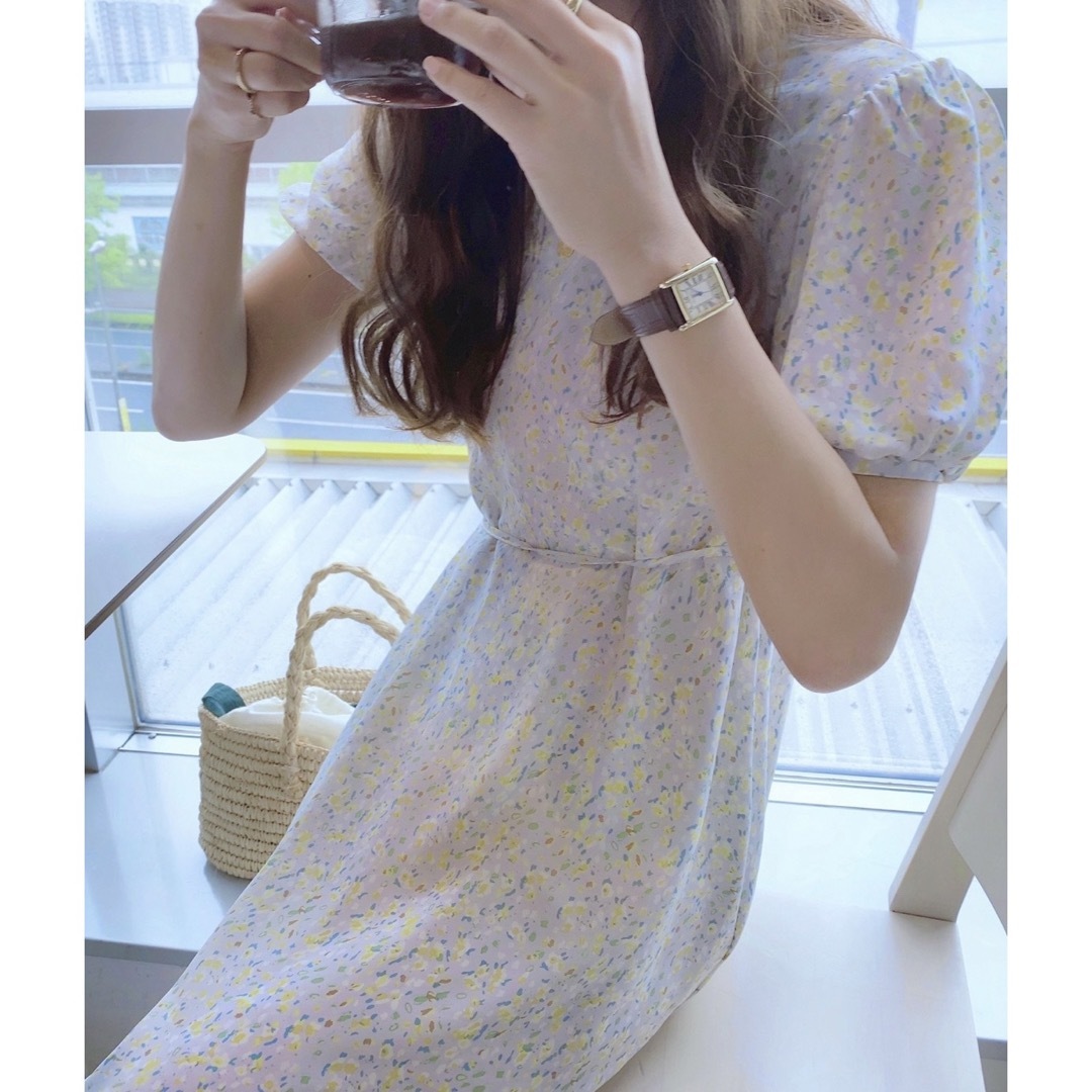 LAUIR 花柄 ロングワンピース リボン ラベンダー 韓国ファッション レディースのワンピース(ロングワンピース/マキシワンピース)の商品写真