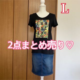 ジーユー(GU)の値下げ★黒 半袖Tシャツ GU デニムスカート 2点まとめ売り 大きいサイズ(ひざ丈スカート)