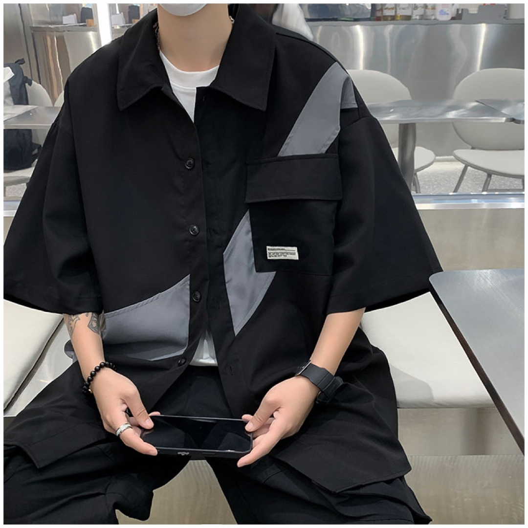 【SALE★】デザイン ブラック 半袖シャツ 韓国 カジュアル ユニセックス メンズのトップス(シャツ)の商品写真