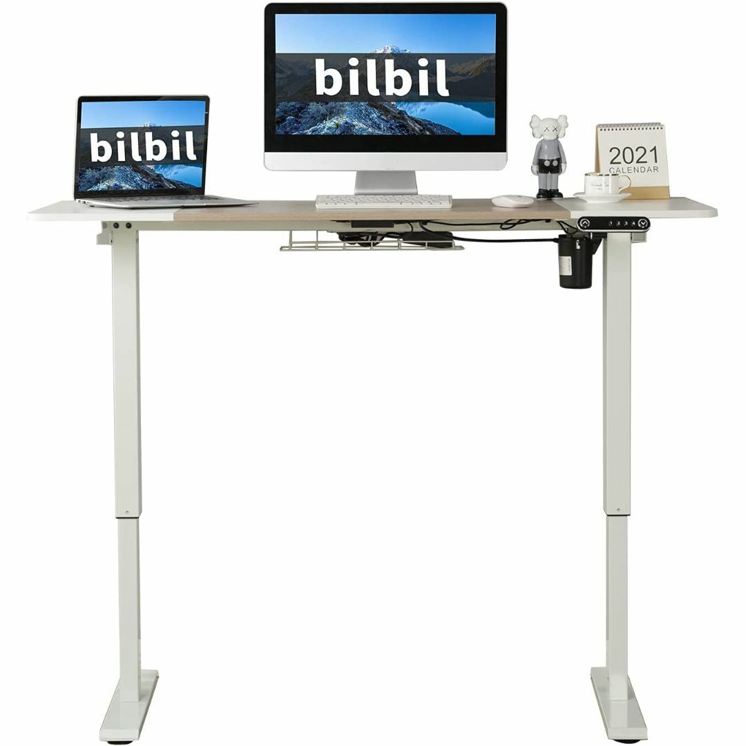【色: White+Oak】BilBil デスク パソコンラック つくえ 電動昇 3