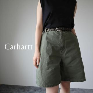 カーハート(carhartt)の【カーハート】革ロゴ ダック地 ルーズ ワイド ペインター ショーツ 緑 W40(ペインターパンツ)