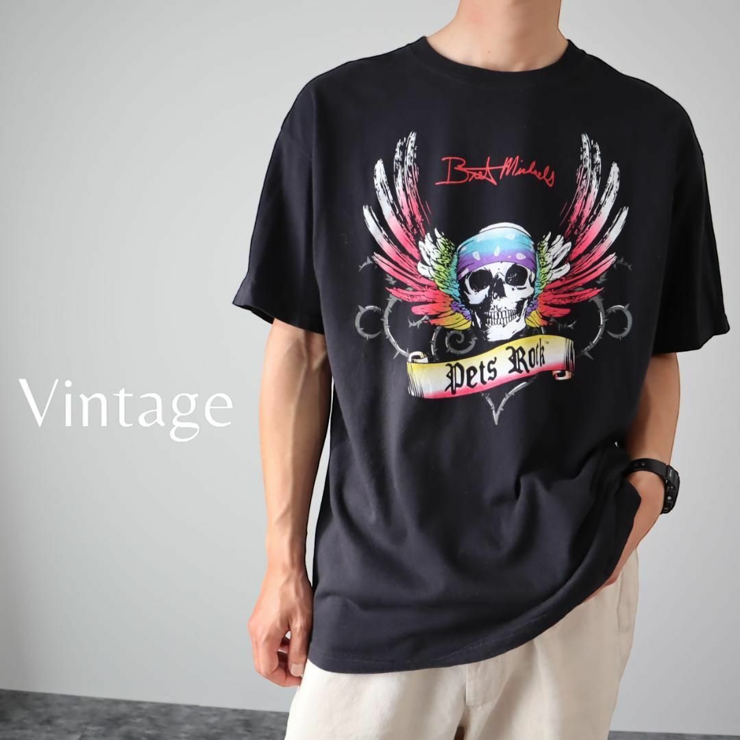 【vintage】ブレット・マイケルズ 髑髏 ロゴ プリント ルーズ 黒Tシャツ