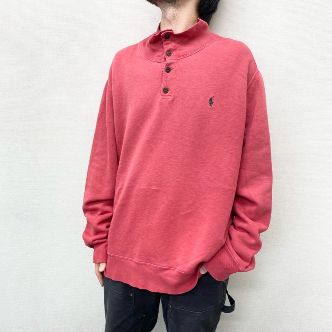 US古着 ポロ ラルフローレン Polo by Ralph Lauren スウェットシャツ トレーナー ハイネック ハーフボタン ワンポイント ポニー 刺繍 サイズ:メンズ XXL ビッグサイズ レッド【中古】