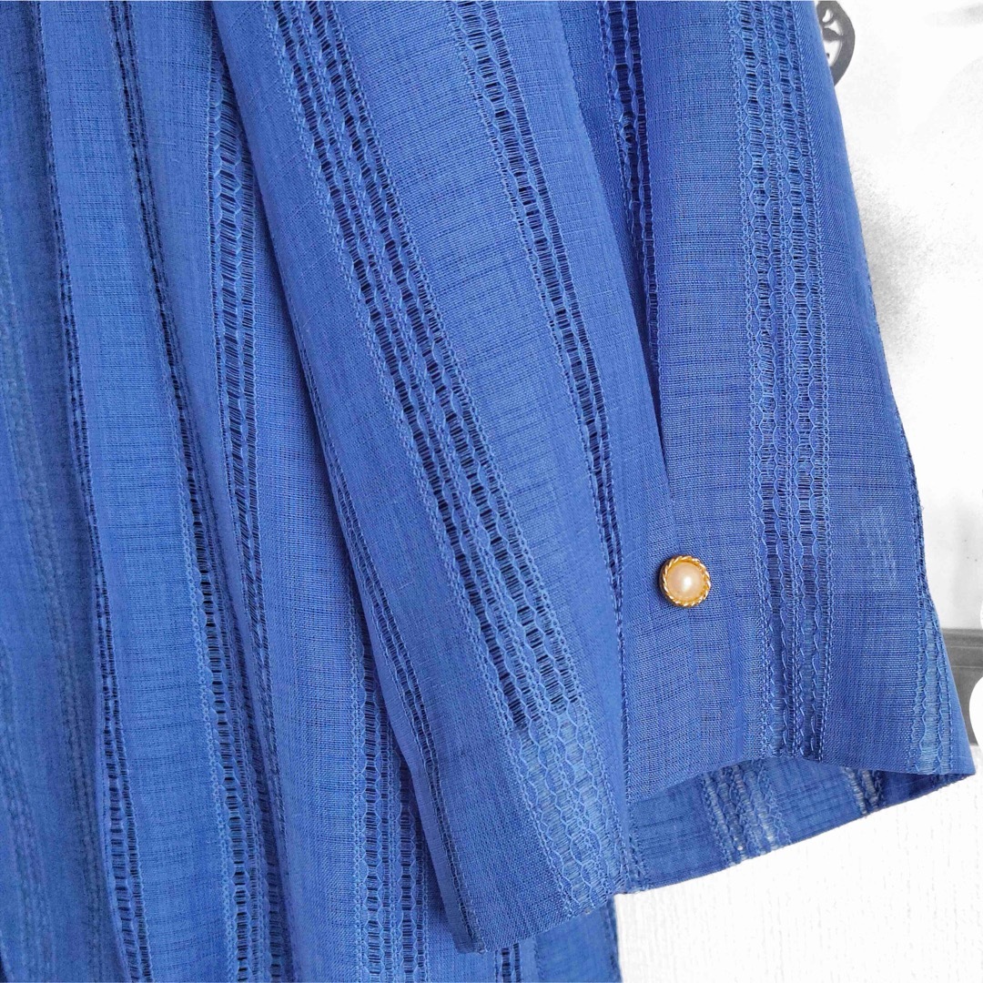 美品 ヴィンテージ ロングワンピース ブラウス セットアップ ブルー 青 五分袖 レディースのワンピース(ロングワンピース/マキシワンピース)の商品写真