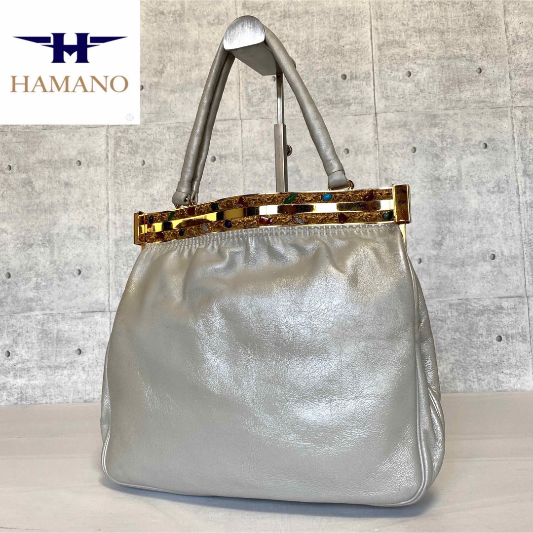 【極美品】HAMANO サンピエトロ パールホワイト ゴールド金具 がま口バッグ