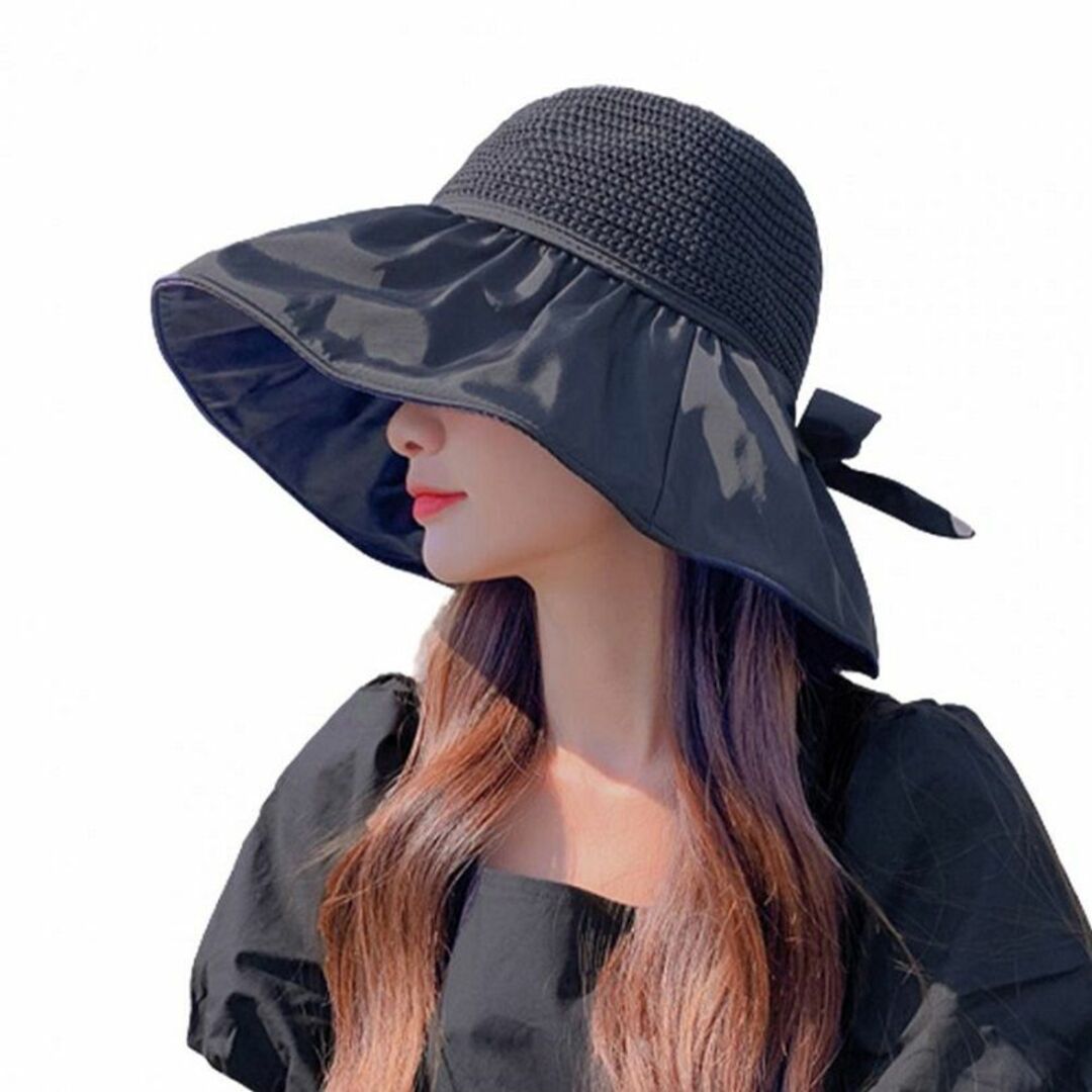 UV 麦わら 帽子 リボン 紫外線 折り畳み バケットハット ブラック 黒