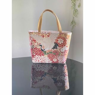 帯リメイクバッグ 鶴と花々 丸帯 トートバッグ 和装バッグ 帯バッグの