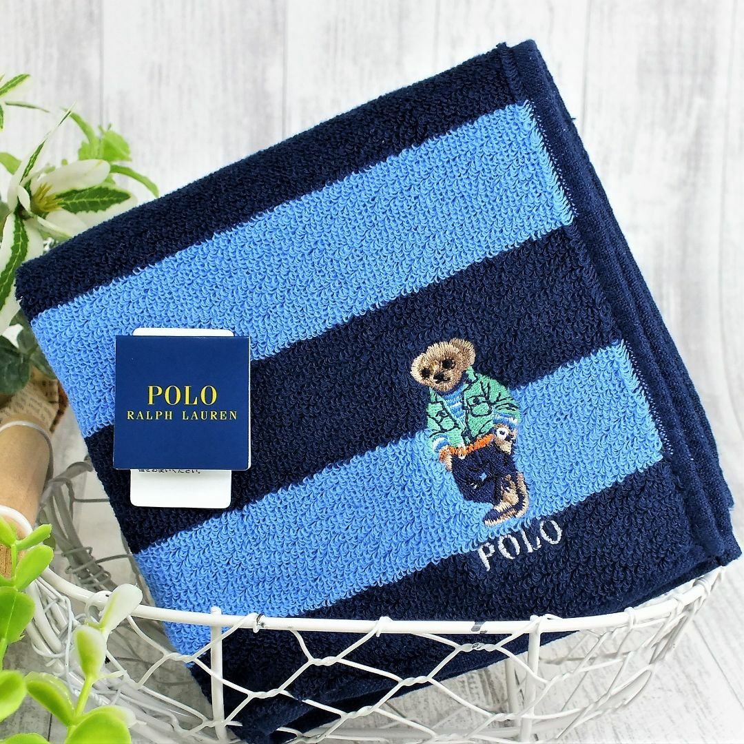 POLO RALPH LAUREN(ポロラルフローレン)の再値下げ！ポロベア「スイングトップ＆デニムパンツ柄」ハンカチ1,980円青系 レディースのファッション小物(ハンカチ)の商品写真