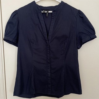 マンゴ(MANGO)のMANGO SUIT Vネックブラウス 半袖 Lサイズ ネイビー 綿100%(シャツ/ブラウス(半袖/袖なし))