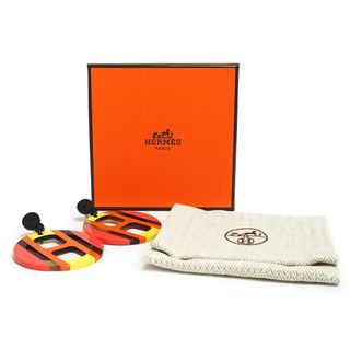 エルメス Hエキップ ピアス バッファローホーン ラッカーウッド サンセット ピンク オレンジ イエロー シルバー金具 箱付 HERMES(新品・未使用品)