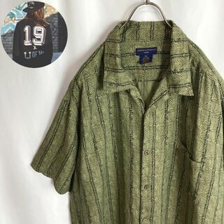 レトロ古着 アロハシャツ チェック柄 レア リネン混 レーヨン 緑色 3XL(シャツ)