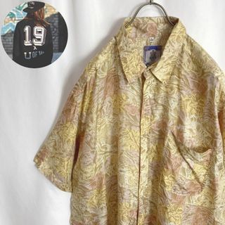 レトロ古着 薄手シルクシャツ 総柄 パステルカラー 半袖 アイボリー 2XL(シャツ)