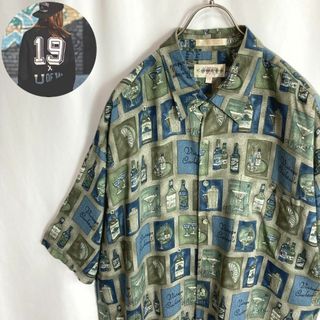 ビンテージ古着 総柄シャツ レーヨン 酒瓶 幾何学模様カクテル柄半袖 暗め2XL(シャツ)