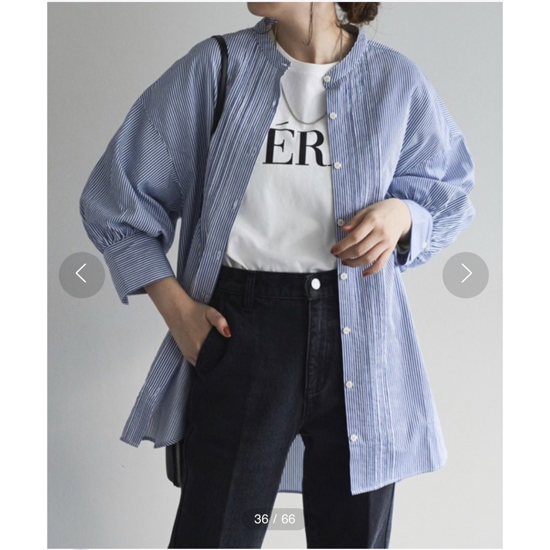 Discoat(ディスコート)のDiscoat ブロードピンタックストライプシャツ ブルー レディースのトップス(シャツ/ブラウス(長袖/七分))の商品写真
