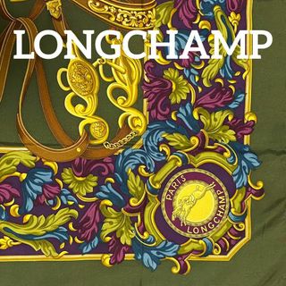 ロンシャン(LONGCHAMP)の★Longchamp★ スカーフ 大判 ベルト 馬具 花 シルク モスグリーン(バンダナ/スカーフ)