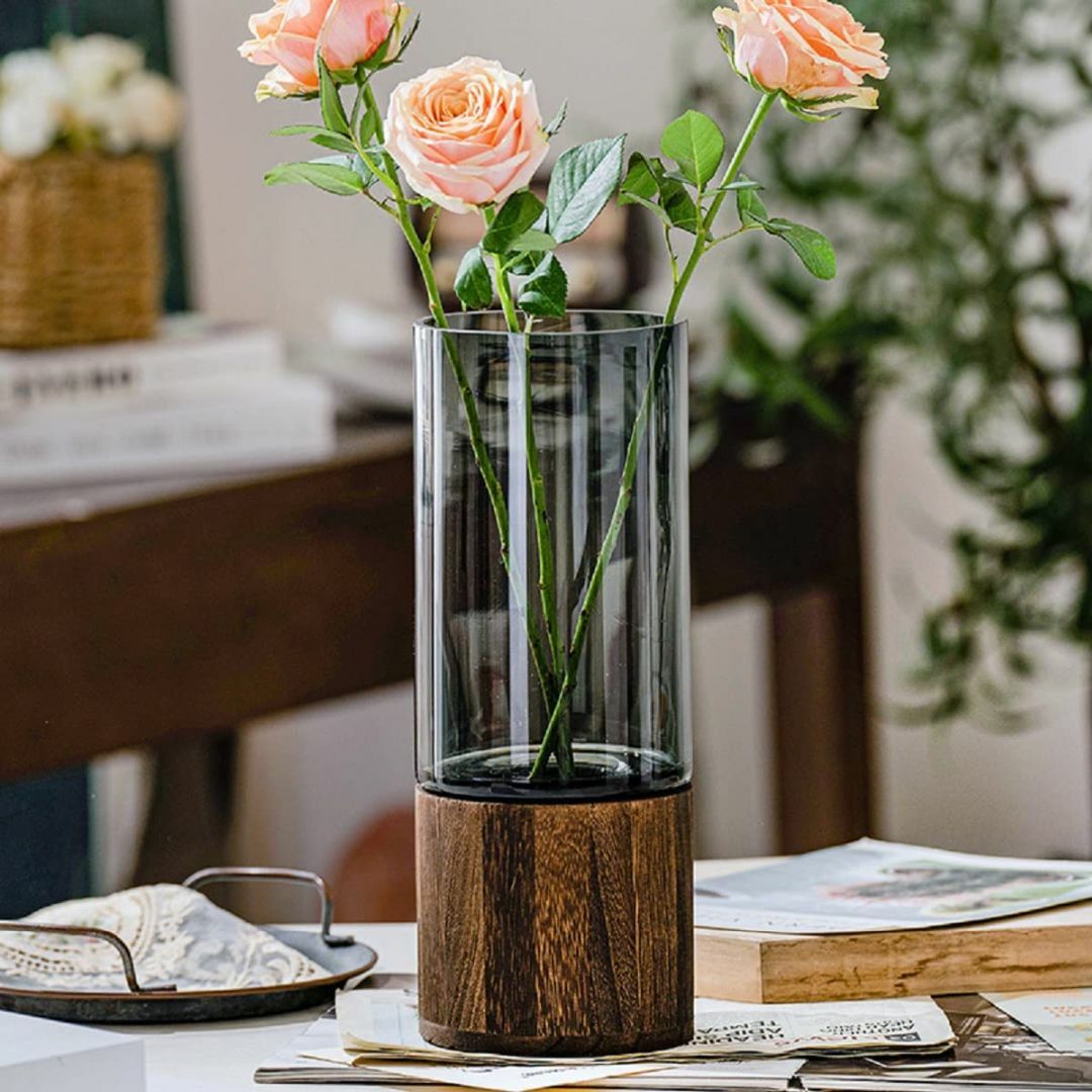 【色: 高さ:26cm】花瓶 ガラス 木製 フラワーベース 北欧 おしゃれ 花器