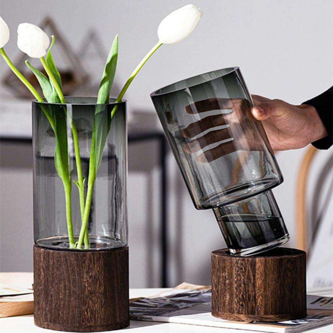 【色: 高さ:26cm】花瓶 ガラス 木製 フラワーベース 北欧 おしゃれ 花器
