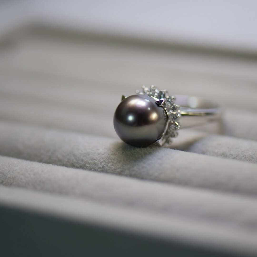 タサキ　Pt900　0.66ct　18号　黒真珠　ダイヤモンドリング