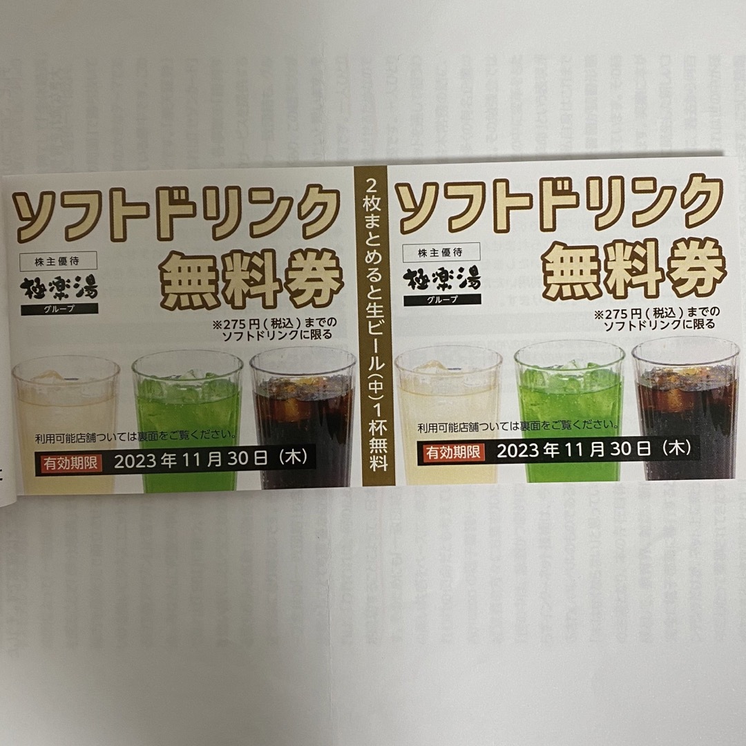 極楽湯 株主優待券 12枚＋ソフトドリンク無料券2枚 2023年11月30日の