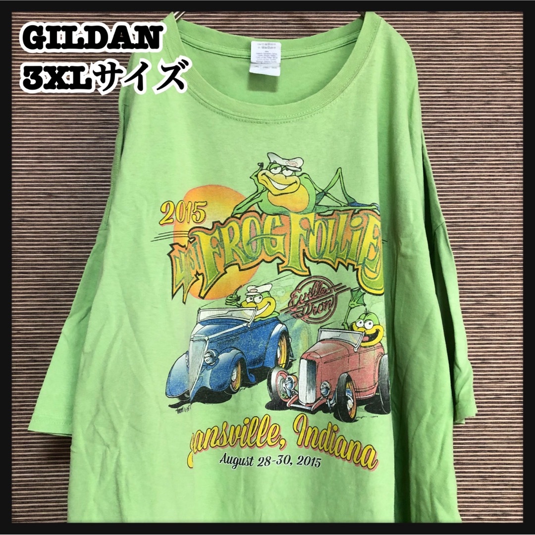 GILDAN(ギルタン)の【ギルダン】半袖Tシャツ　カエル　緑　クラシックカー　旧車　インディアナ66 メンズのトップス(Tシャツ/カットソー(半袖/袖なし))の商品写真