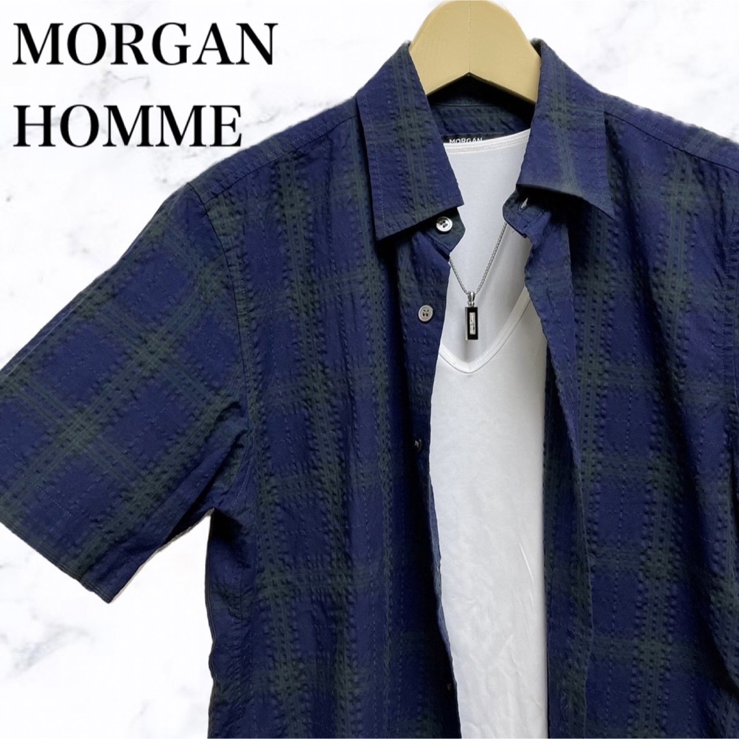 MORGAN HOMME(モルガンオム)のMORGAN HOMME 半袖シャツ　チェックシャツ　紺色　ネイビー系 メンズのトップス(シャツ)の商品写真