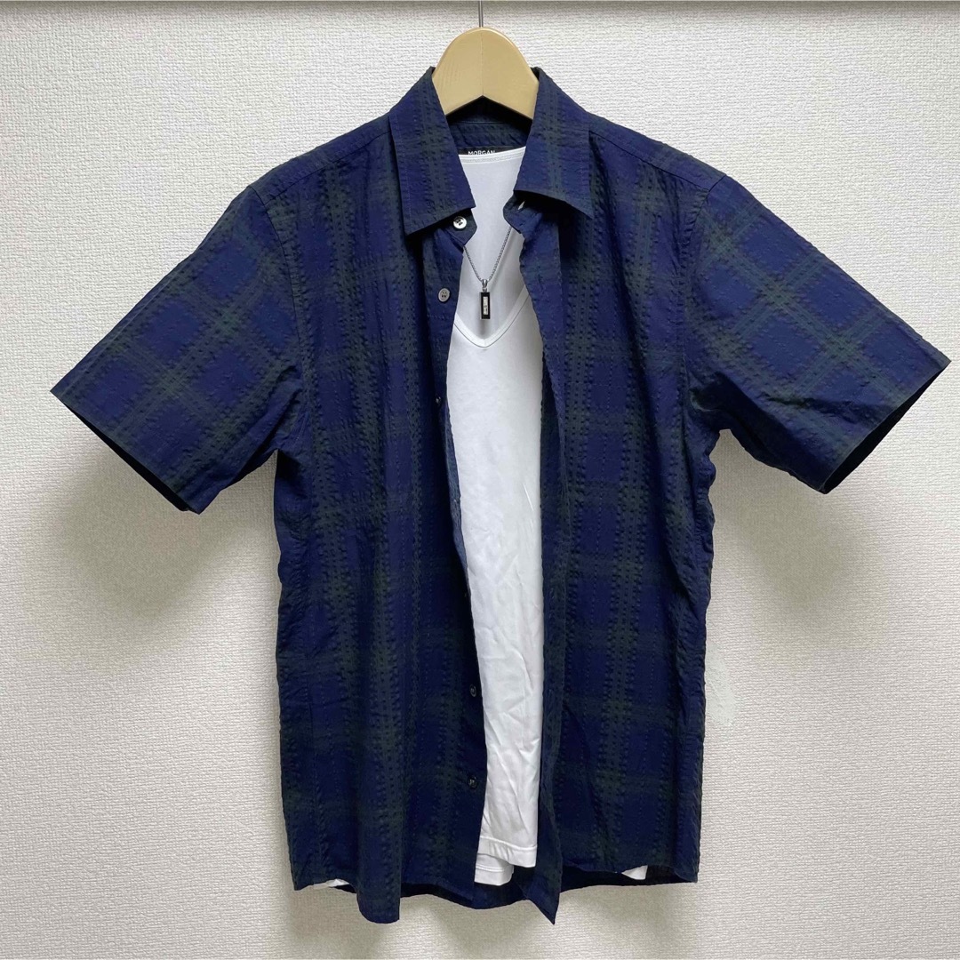 MORGAN HOMME(モルガンオム)のMORGAN HOMME 半袖シャツ　チェックシャツ　紺色　ネイビー系 メンズのトップス(シャツ)の商品写真