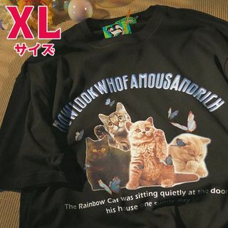 新品　XLサイズ　半袖Tシャツ　ねこプリント　猫好き　体型カバー　韓国　黒(Tシャツ(半袖/袖なし))