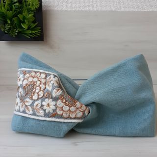 349【幅広7cmインド刺繍リボン×ハーフリネン】サイズ調節ヘアターバン(ヘアアクセサリー)