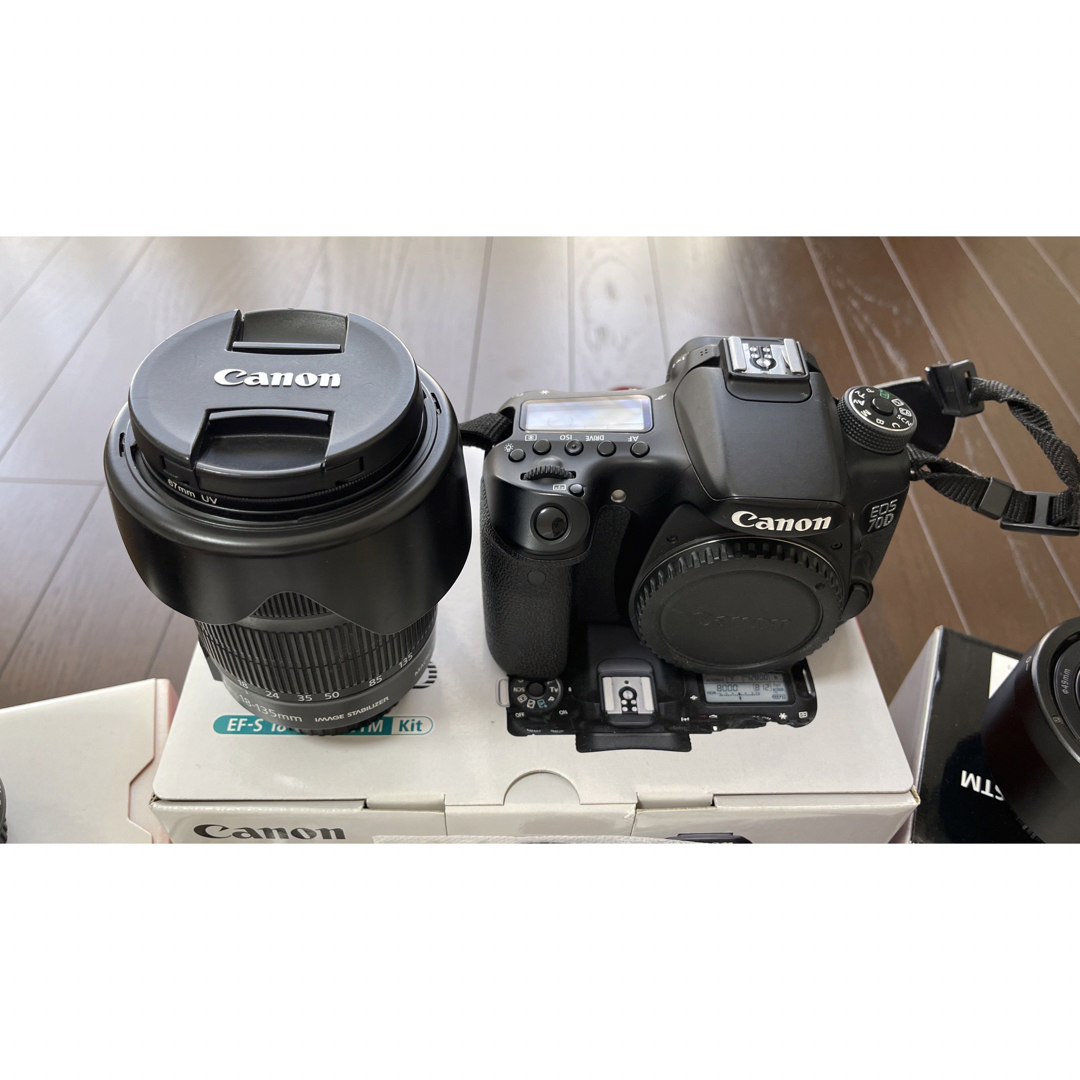 Canon EOS70D レンズ3本、ストロボ、レリーズ、予備バッテリーセット ...