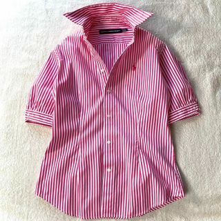 ラルフローレン(Ralph Lauren)の美品 ラルフローレン シャツ ブラウス 半袖 ストライプ パフスリーブ ピンク(シャツ/ブラウス(半袖/袖なし))