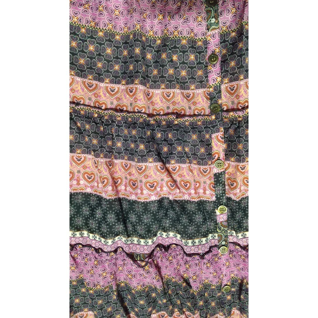 ニッセン(ニッセン)の59 ニッセン 紫×黒×オレンジ ロングスカート アジアン風 柄 可愛い フリル レディースのスカート(ロングスカート)の商品写真