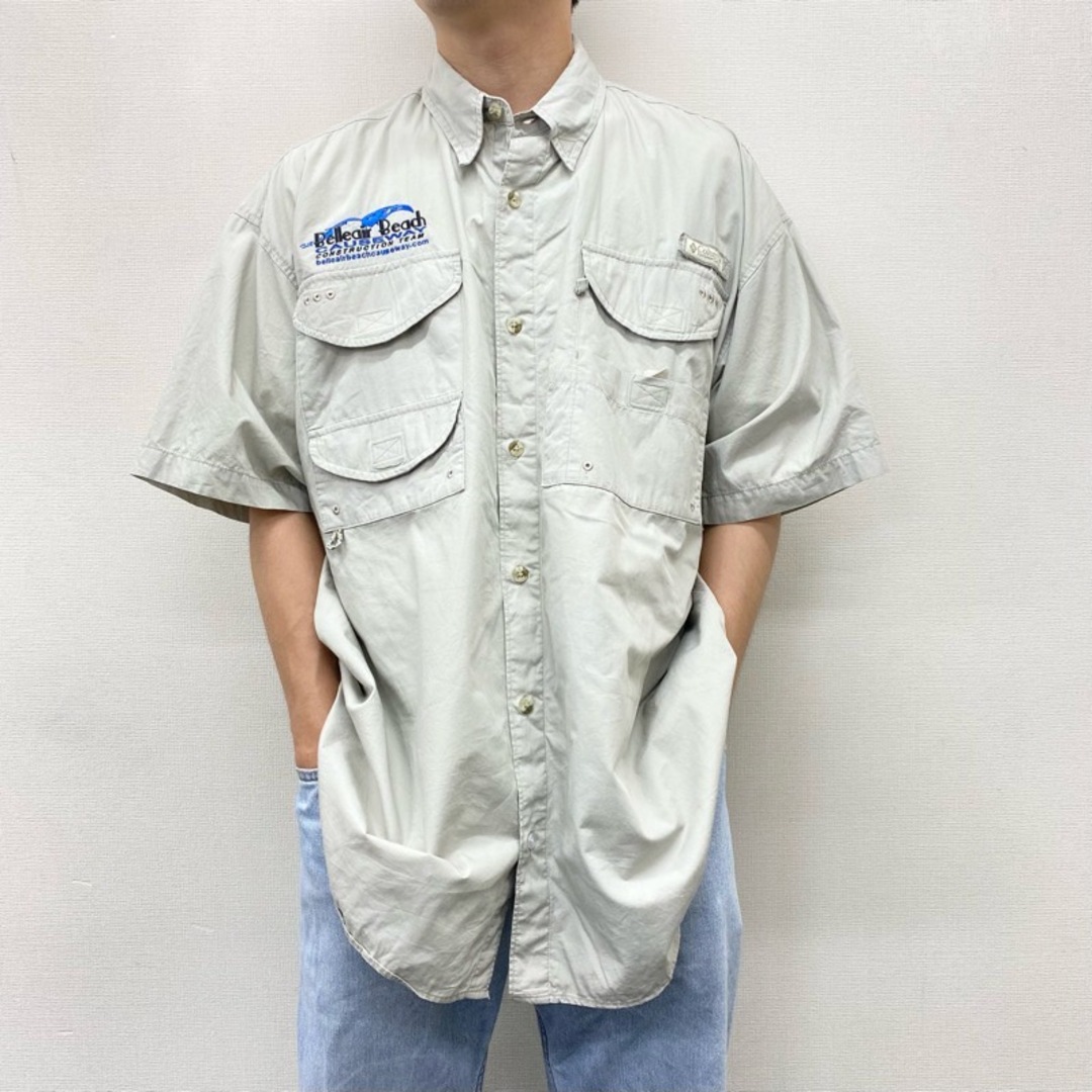 US古着 コロンビア Columbia PFG フィッシングシャツ 半袖 企業 ロゴ 刺繍 FM7130 サイズ：メンズ L ベージュ【中古】