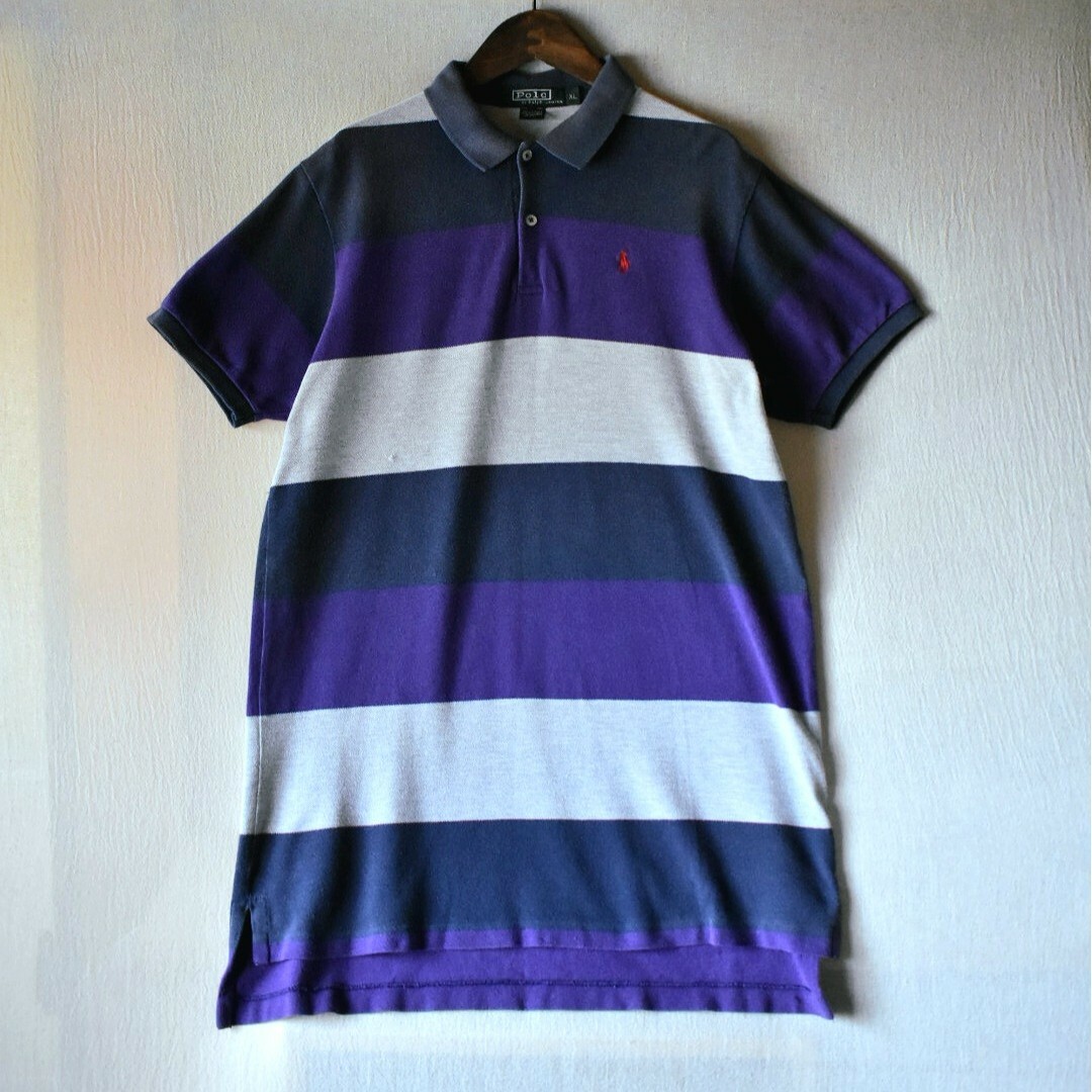 POLO RALPH LAUREN(ポロラルフローレン)の古着★90s ポロバイラルフローレン 太ボーダー柄 マルチカラー 青紺ポロシャツ メンズのトップス(ポロシャツ)の商品写真