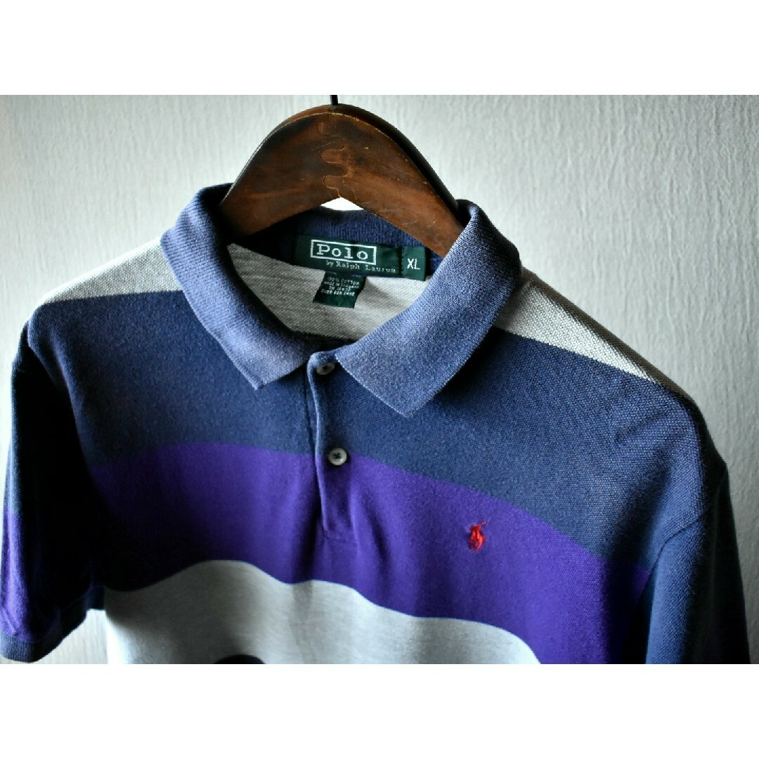 POLO RALPH LAUREN(ポロラルフローレン)の古着★90s ポロバイラルフローレン 太ボーダー柄 マルチカラー 青紺ポロシャツ メンズのトップス(ポロシャツ)の商品写真