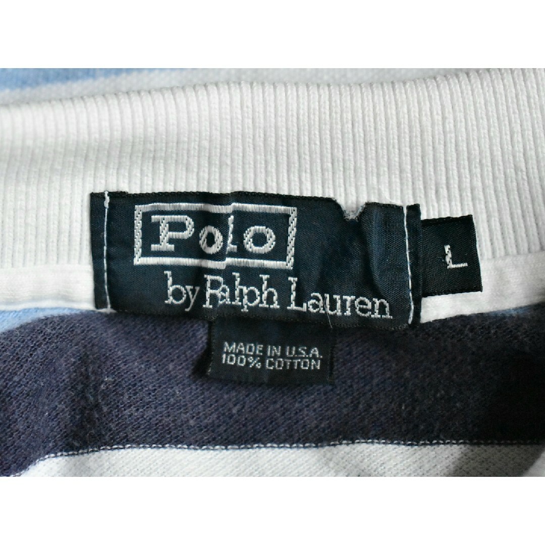 POLO RALPH LAUREN(ポロラルフローレン)の古着★90s USA製 ポロバイラルフローレン 太ボーダー柄 水色白紺ポロシャツ メンズのトップス(ポロシャツ)の商品写真