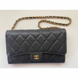 シャネル(CHANEL)のCHANEL チェーン付き長財布　キャビアスキン　ブラック(長財布)