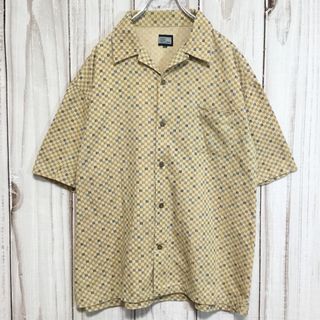 レトロ オープンカラー 半袖シャツ ブロックチェック XL ベージュ 古着