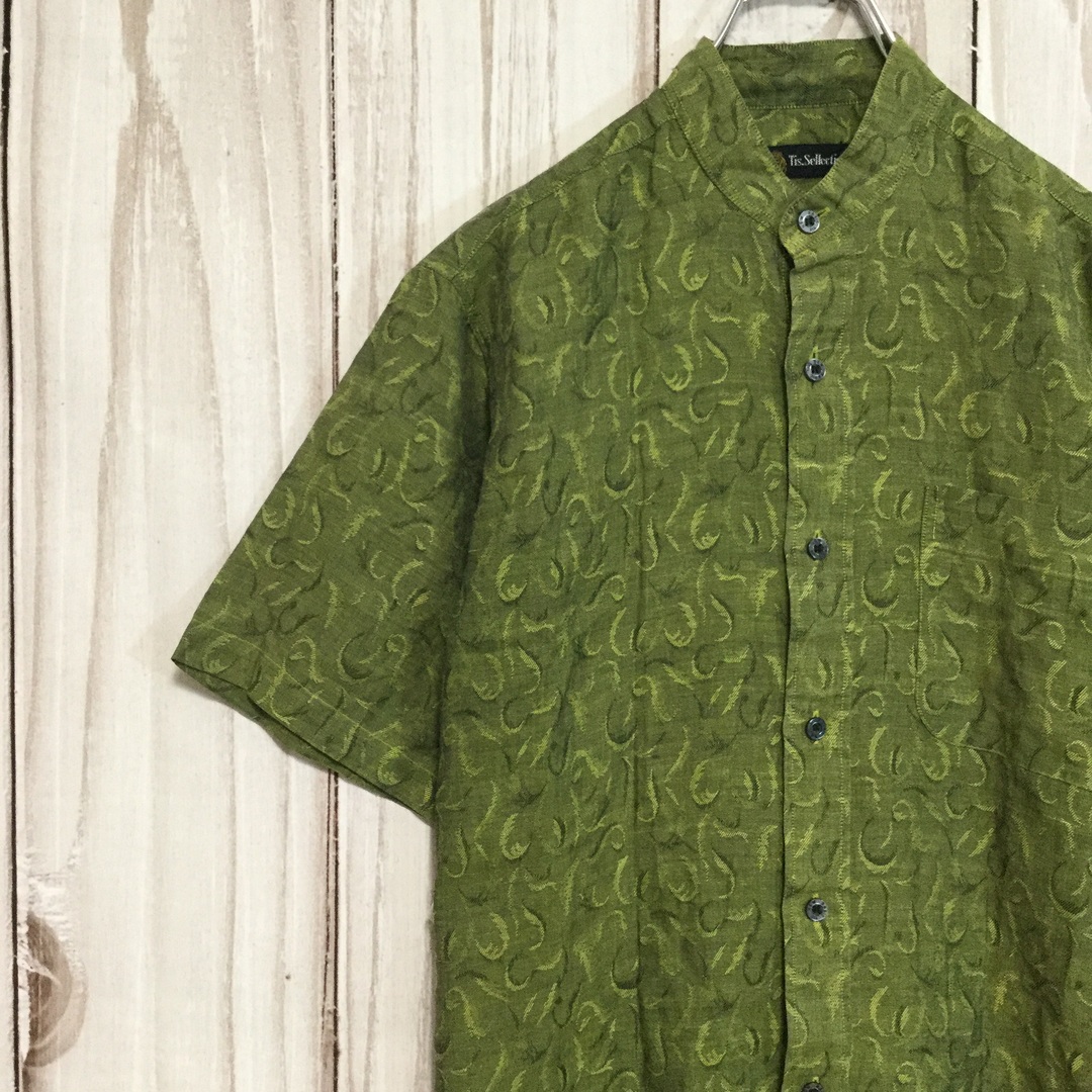 トモ古着レア ジャカード織り 半袖 バンドカラーシャツ 麻混 日本製 M 緑