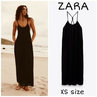 ザラ(ZARA)のZARA　ウーヴンストラップ ミディワンピース　XSサイズ　ブラック(ロングワンピース/マキシワンピース)