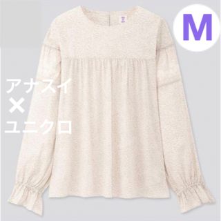 ユニクロ(UNIQLO)のユニクロアナスイ L 白グレー ソフトコットンブラウス　長袖 ふんわり袖 総柄綿(シャツ/ブラウス(長袖/七分))