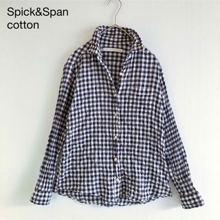 スピックアンドスパン(Spick & Span)の228スピック＆スパン コットン白紺ギンガムチェックふんわりシャーリングシャツ青(シャツ/ブラウス(長袖/七分))