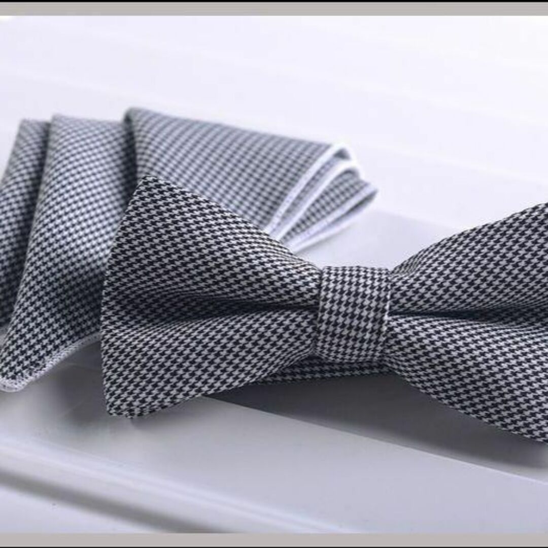 [２点セット]　ネクタイ　ポケットチーフ　結婚式　千鳥柄　ブラック メンズのファッション小物(ネクタイ)の商品写真