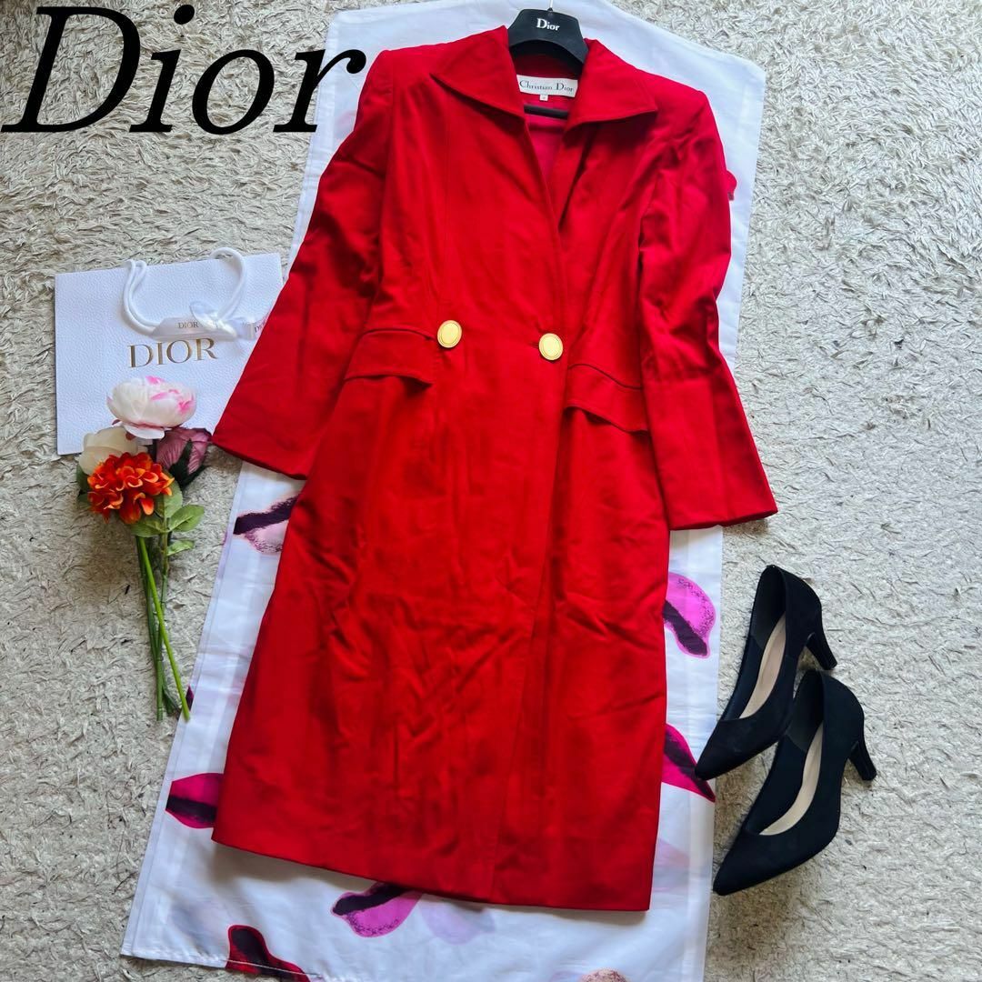 【良品】Christian Dior ロングジャケット レッド 9 M 赤