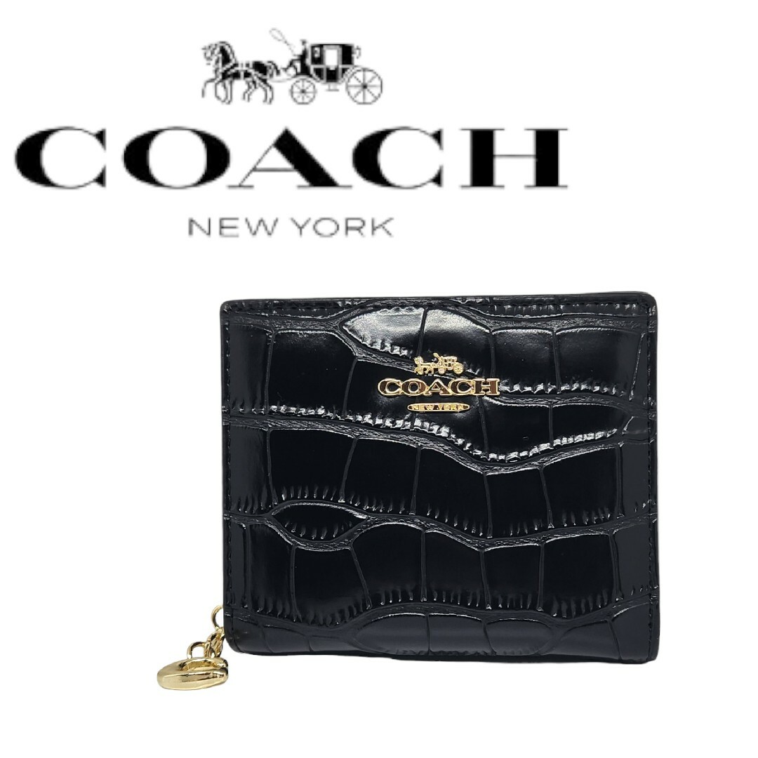 コーチCOACH 折り財布 クロコ型押し ブラック　C6092 黒　新品