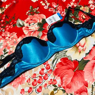 ★サテンレースブラジャー★BLUE★C70★下着★lingerieランジェリー(ブラ)